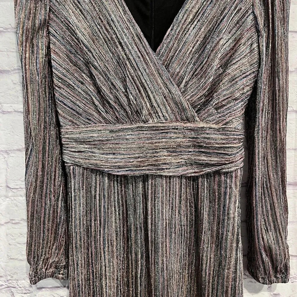 Julia Jordan Multi Colored Shimmery Stripe Metallic Long Sleeve Faux Wrap Dress - Picture 7 of 15